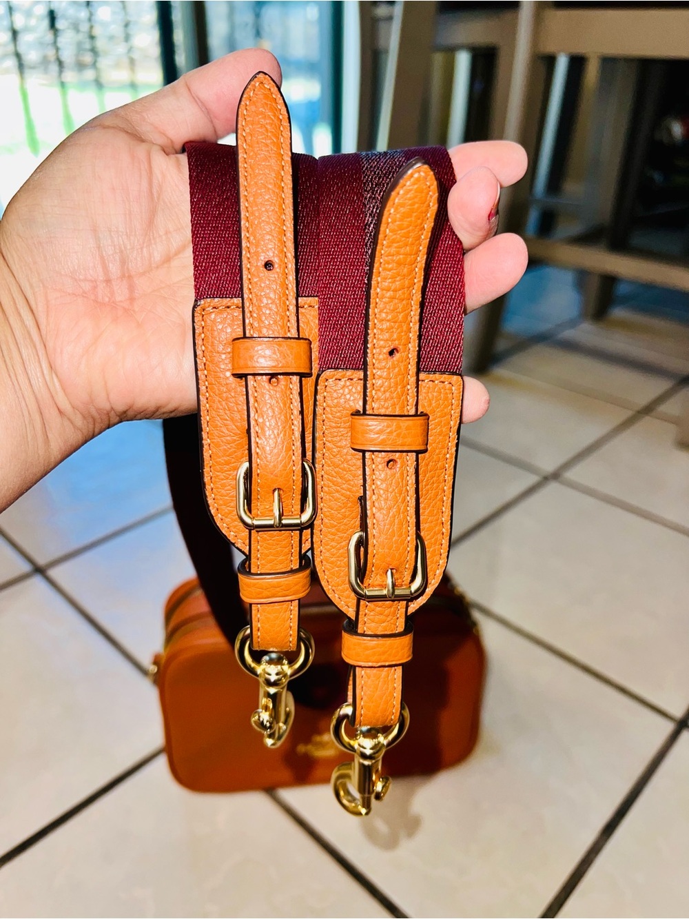 Coach Orange Pebbled Leather Camera Crossbody with Striped Strap - Picture 9 of 10